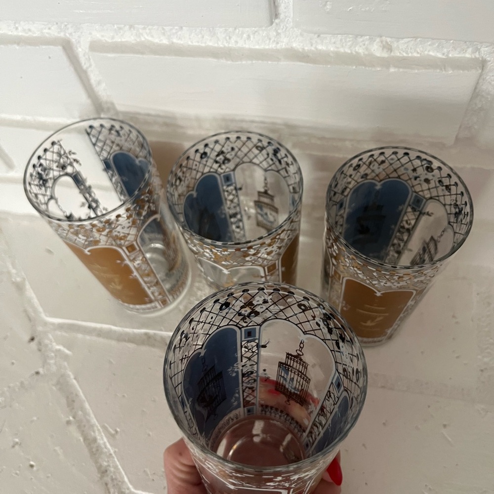 Vintage MCM 22 Karat Gold Rocks Glasses Blue Birdcage Set of 4 Georges Briard - Picture 8 of 14